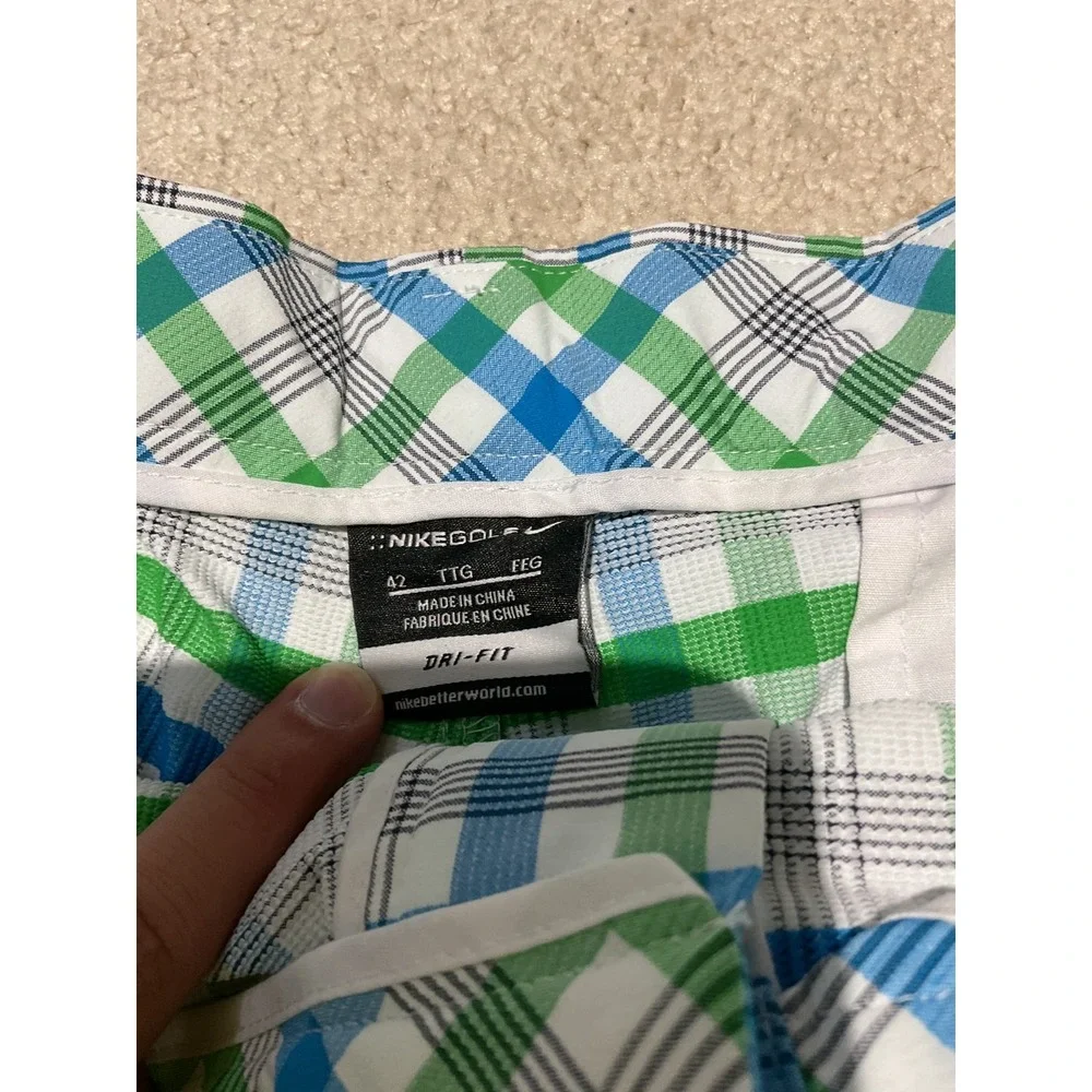 Nike Dri Fit Golf Shorts 42 Mens Blue Green Plaid Performance Stretch Lightweigh